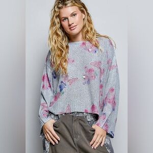 POL Ribbed Butterfly Print Knit Top Heather Grey Sequin Sweater🛍️
